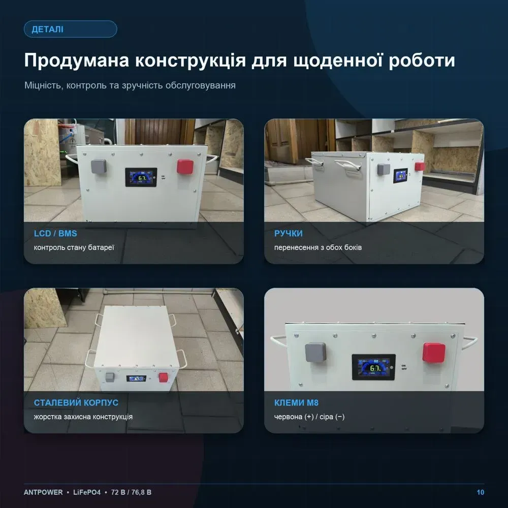 Детали конструкции тяговой батареи ANTPower: экран BMS, ручки для переноски, стальной корпус, клеммы M8