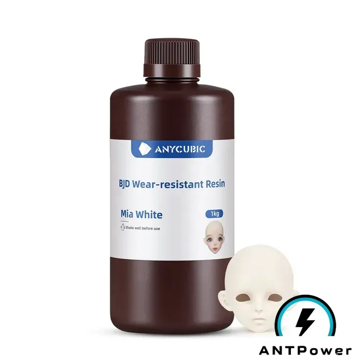 Флакон фотополимерной смолы Anycubic BJD Wear-Resistant Resin оттенка Mia White, 1 кг, и напечатанная из неё голова шарнирной куклы