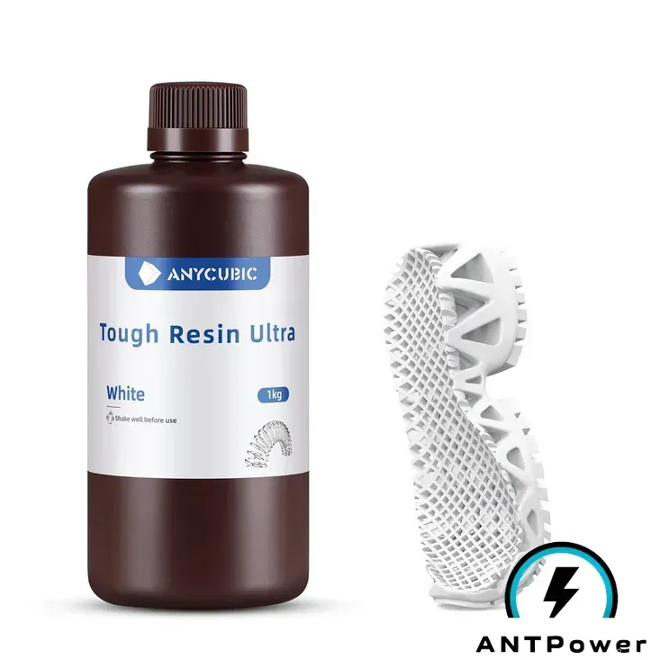 Бутылка смолы Anycubic Tough Resin Ultra (белый) рядом с напечатанной белой гибкой сетчатой лентой
