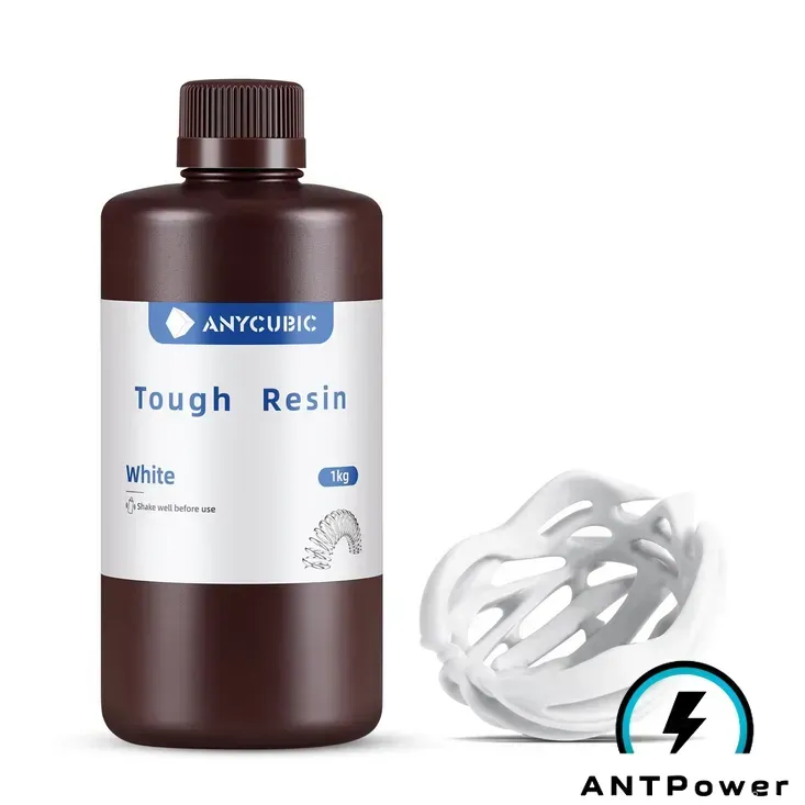 Флакон фотополимерной смолы Anycubic Tough Resin белого цвета, 1 кг, и напечатанный из неё белый ажурный мяч