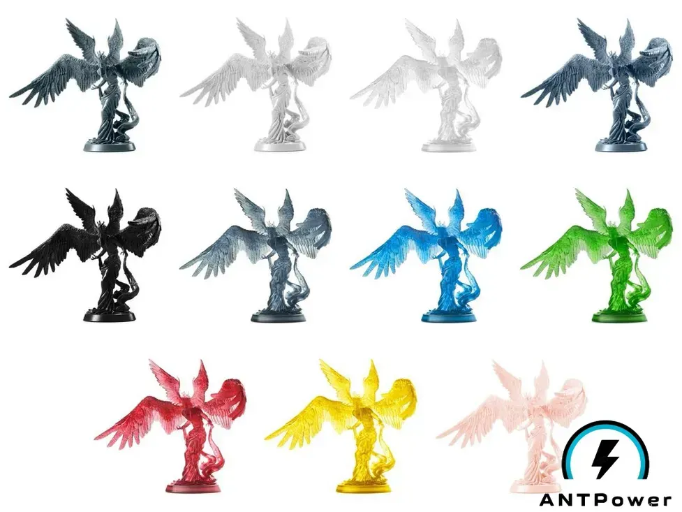 Одиннадцать цветов водосмываемой смолы Anycubic Water-Wash Resin 2.0 на одинаковой напечатанной фигурке