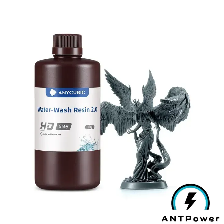 Флакон водосмываемой смолы Anycubic Water-Wash Resin 2.0 HD серый 1 кг и напечатанная фигурка