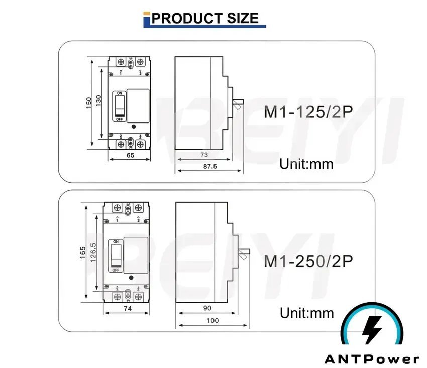 Габаритные чертежи двухполюсного автомата BEIYI BEYM1Z-125/2P и BEYM1Z-250/2P