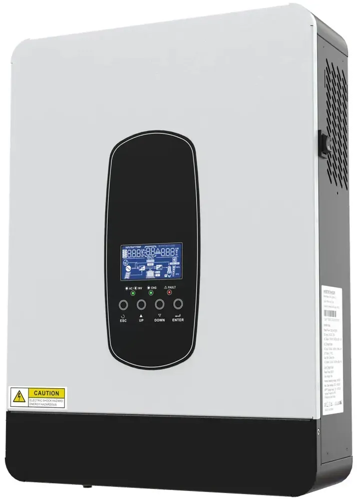 Гібридний інвертор Anenji ANJ-SP-3200-24V-WIFI у три чверті: біла лицьова панель, ЖК-екран і кнопки керування