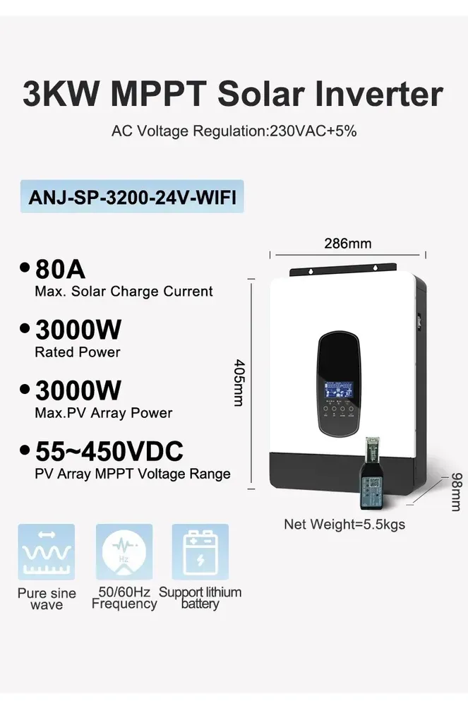 Габарити Anenji ANJ-SP-3200-24V-WIFI: 405 × 286 × 98 мм, маса 5,5 кг, поруч Wi-Fi-модуль