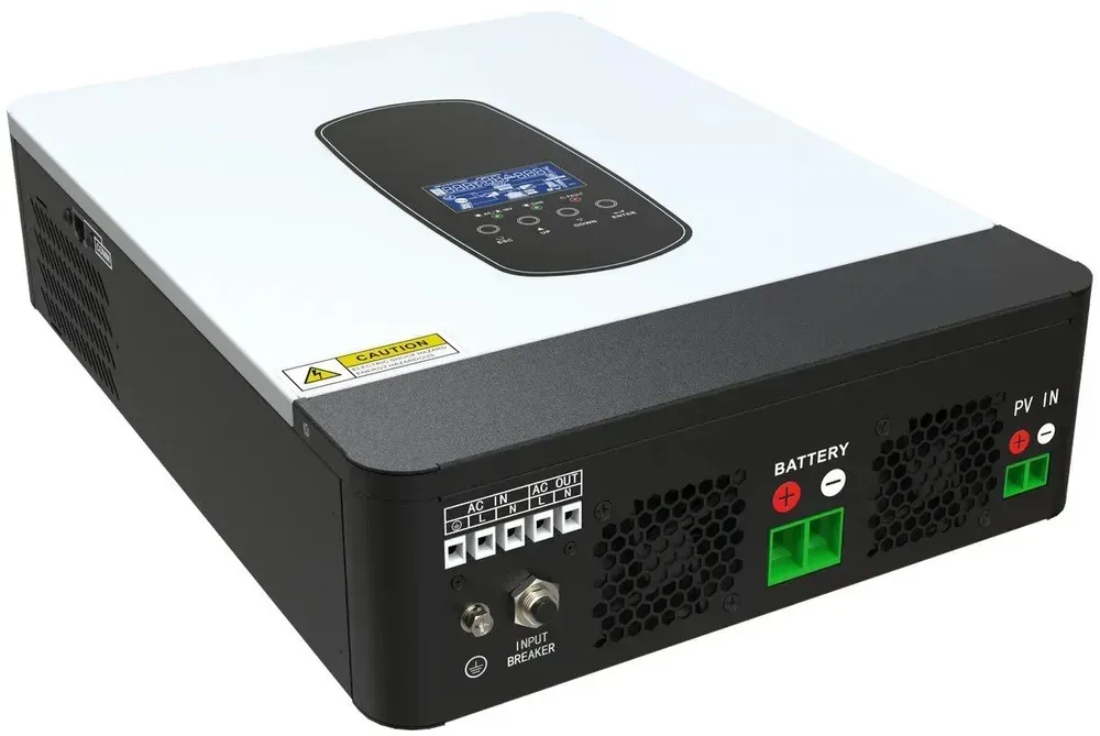 Нижня панель Anenji ANJ-SP-3200-24V-WIFI: клеми мережі, зелені клеми акумулятора та панелей, два вентилятори
