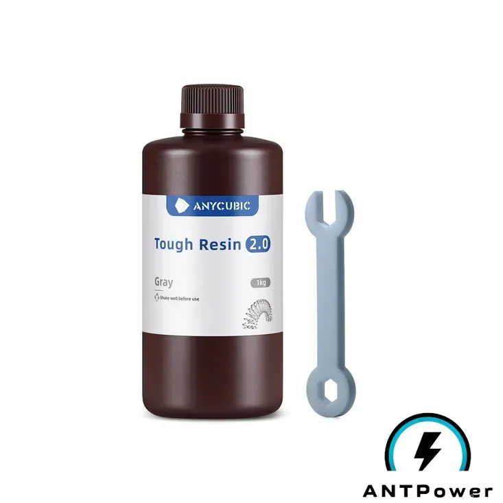Флакон фотополимерной смолы Anycubic Tough Resin 2.0 серого цвета, 1 кг, и напечатанный из неё серый гаечный ключ