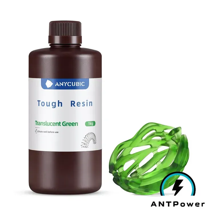 Флакон смолы Anycubic Tough Resin прозрачно-зелёного цвета, 1 кг, и напечатанный из неё прозрачный зелёный ажурный мяч