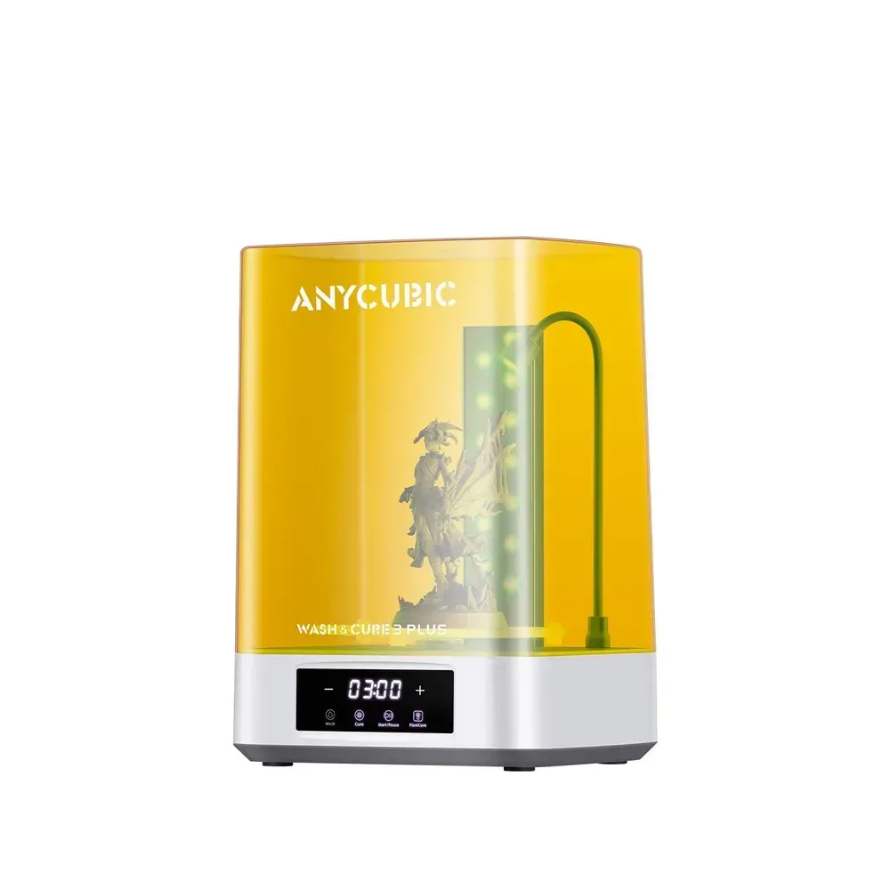 Anycubic Wash & Cure 3 Plus в режиме полимеризации — фигурка под УФ-светом 405 нм и гибкой лампой