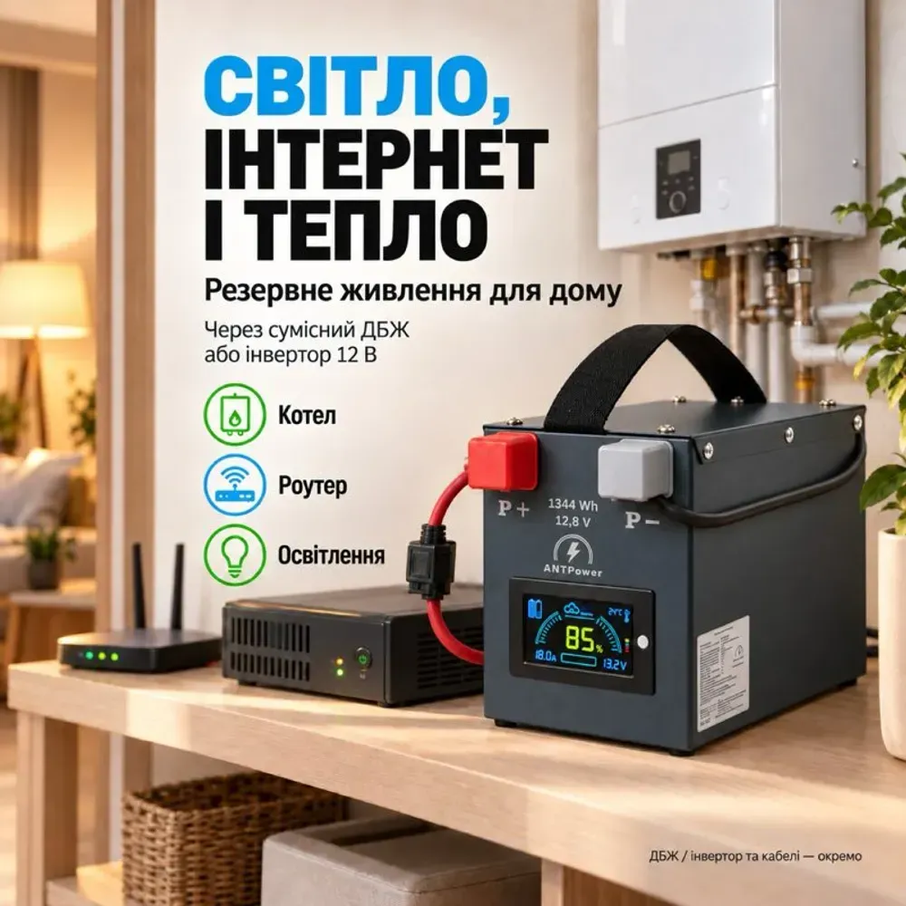 Аккумулятор LiFePO4 12V 105Ah вместе с ИБП питает газовый котёл, роутер и свет дома