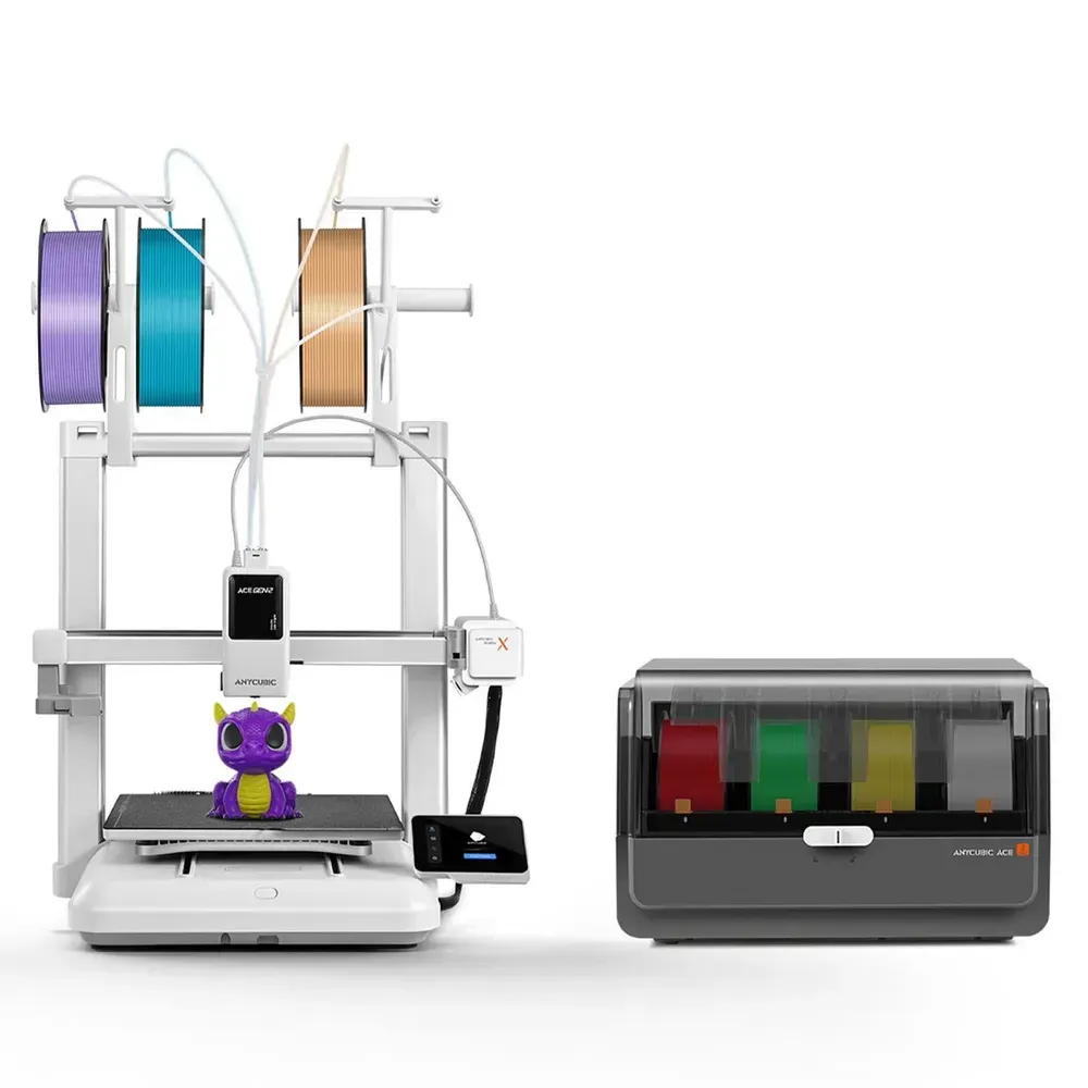 Комплект Anycubic Kobra X Combo: 3D принтер с тремя катушками на стойке и внешний модуль подачи ACE 2 Pro с четырьмя цветами филамента