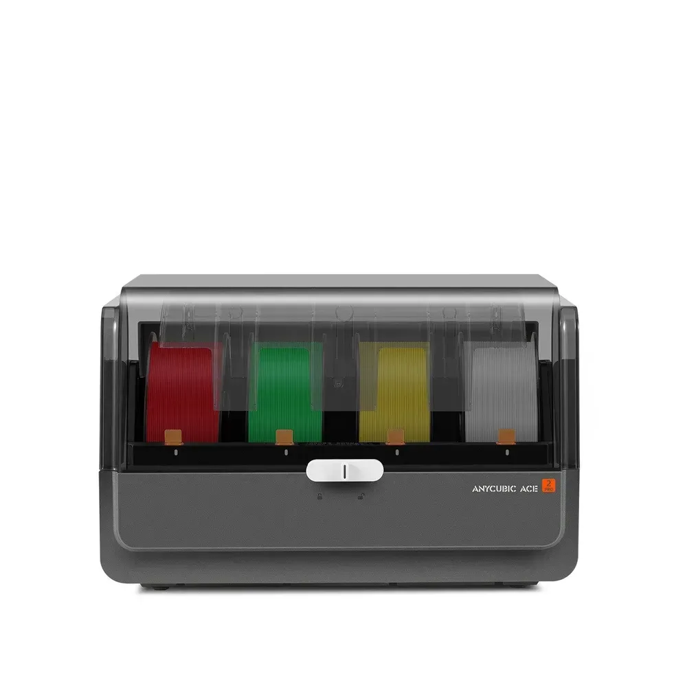 Модуль подачи филамента Anycubic ACE 2 Pro крупным планом с четырьмя заряженными катушками разных цветов