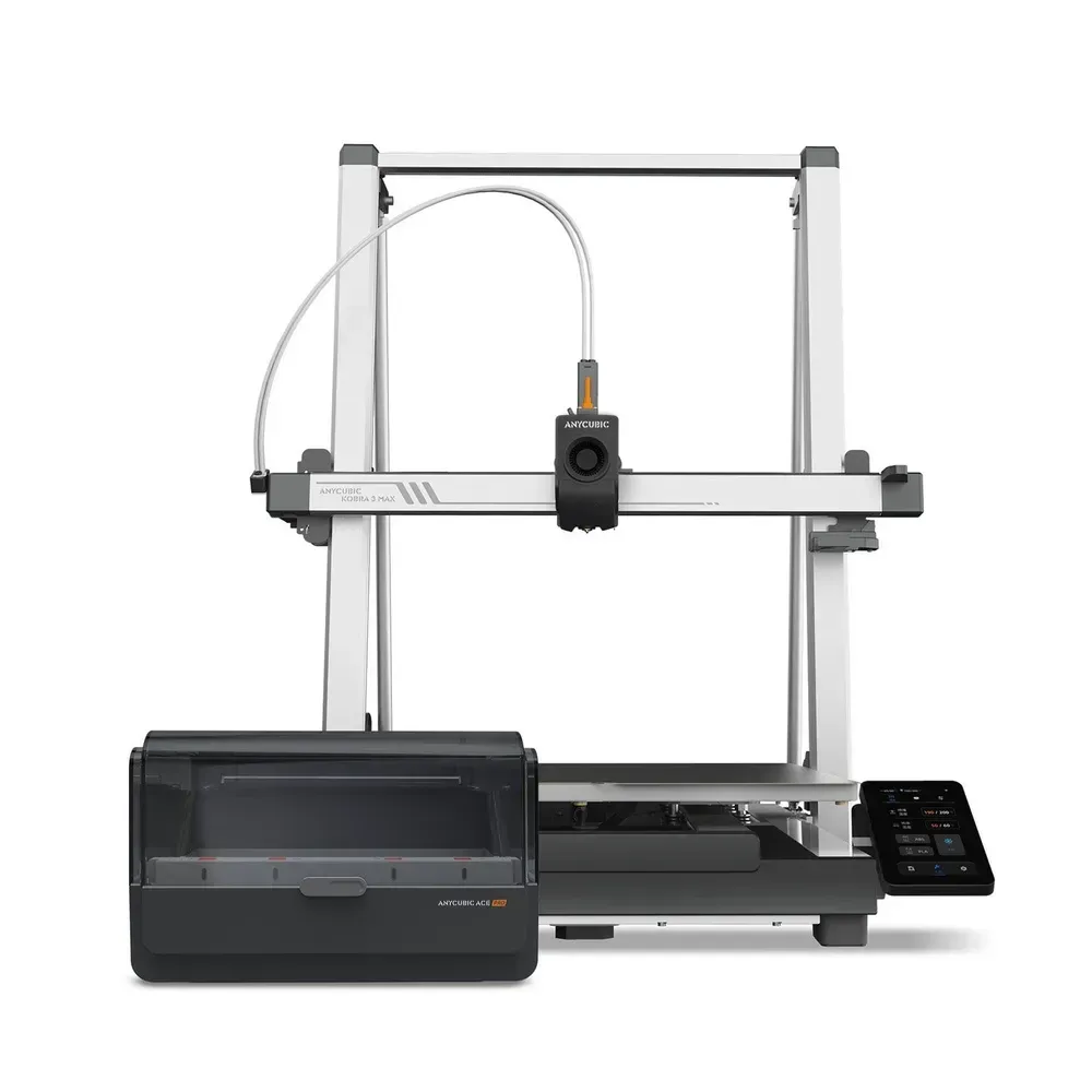 3D принтер Anycubic Kobra 3 Max Combo с модулем ACE Pro слева на белом фоне