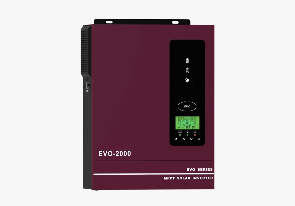 Гибридный инвертор Anern AN-SCI-EVO-2000 спереди: бордовый корпус, включённый ЖК-экран, индикаторы и кнопки
