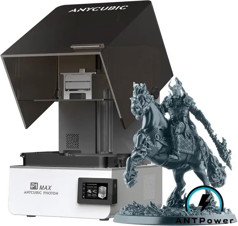 Anycubic Photon P1 Max с открытой крышкой и напечатанной фигурой всадника на коне