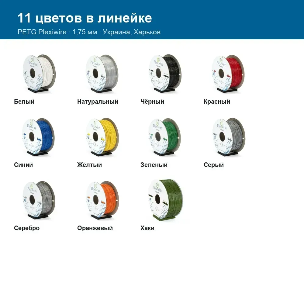 Палитра из 11 цветов PETG-филамента Plexiwire на катушках