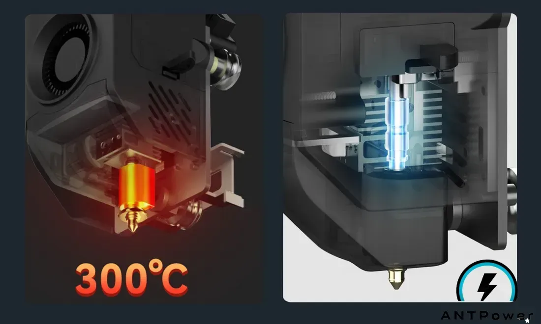 Друкуюча головка та магнітний PEI-стіл 420 на 420 мм на принтері Anycubic Kobra 3 Max, а поруч — велика надрукована деталь
