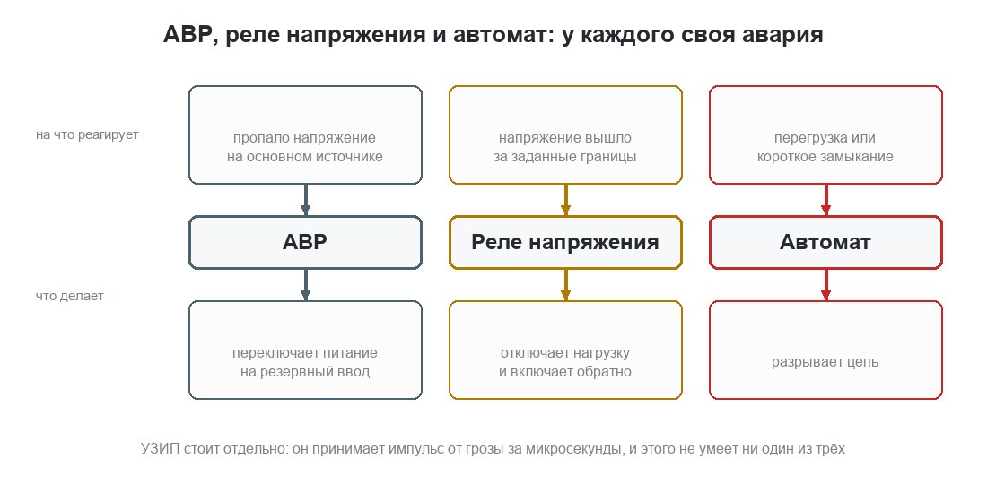 Сравнение трёх приборов в щитке: АВР переключает источники питания, реле напряжения отключает нагрузку при отклонении напряжения, автомат разрывает цепь при перегрузке и коротком замыкании