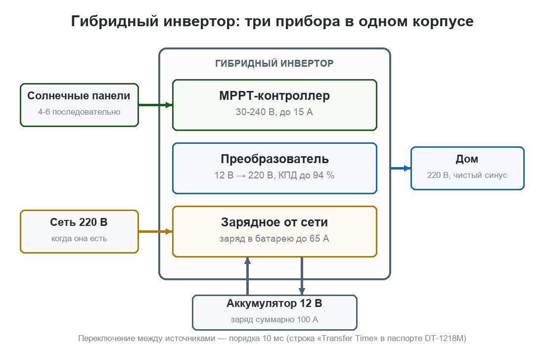 Схема гибридного инвертора: солнечные панели через встроенный MPPT-контроллер, сеть 220 В через встроенное зарядное, аккумулятор и выход на дом в одном корпусе