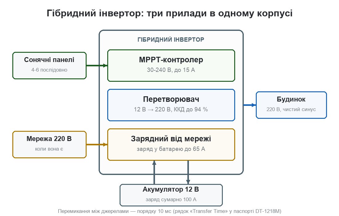 Схема гібридного інвертора: сонячні панелі через вбудований MPPT-контролер, мережа 220 В через вбудований зарядний, акумулятор і вихід на будинок в одному корпусі