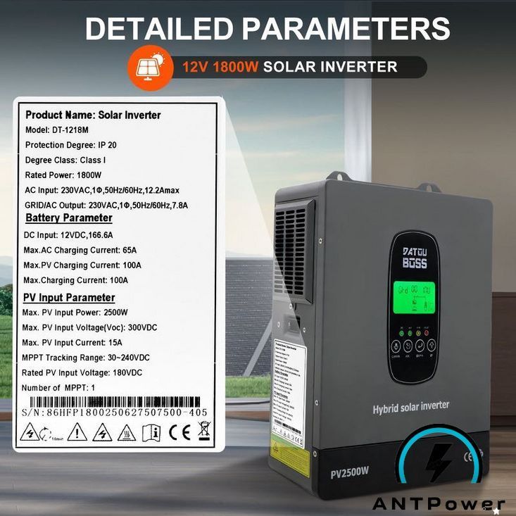 Шильда інвертора DT-1218M із параметрами: DC Input 12VDC 166.6A, AC Input 230VAC 12.2A max, AC Output 230VAC 7.8A