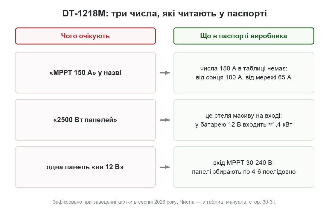 Три числа DT-1218M у паспорті: MPPT 150 A проти 100 А, 2500 Вт масиву проти 1,4 кВт заряду, одна панель проти діапазону 30-240 В