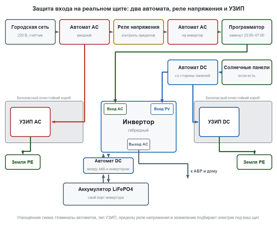 Схема защиты входа: городская сеть, вводной автомат, реле напряжения, автомат на инвертор, программатор с таймером, УЗИП переменного и постоянного тока в огнестойких коробах с заземлением и автомат постоянного тока между аккумулятором и инвертором